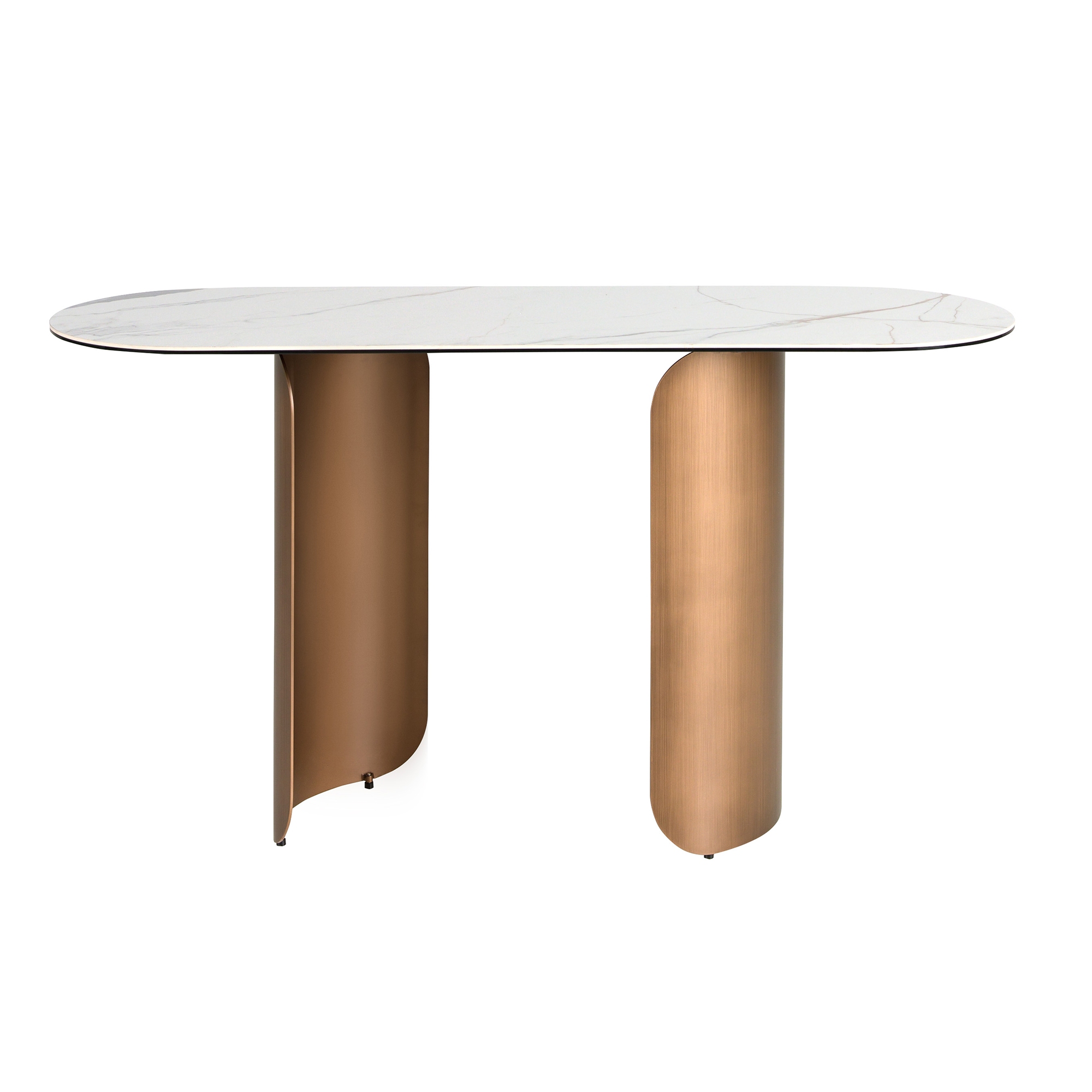 Console ovale en demi-cercle en marbre porcelainé et acier couleur bronze Console ovale en demi-cercle en marbre porcelainé et acier couleur bronze
