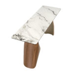 Console rectangulaire en marbre porcelainé, acier sable métallisé et noyer