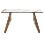 Console rectangulaire en marbre porcelainé, acier sable métallisé et noyer