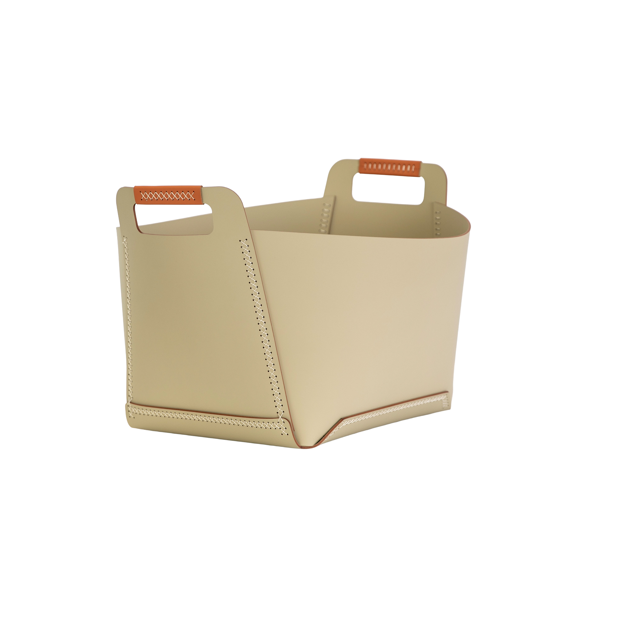 Cesta contenitore decorativa rettangolare in pelle rigenerata color sabbia con maniglie Cesta contenitore decorativa rettangolare in pelle rigenerata color sabbia con maniglie