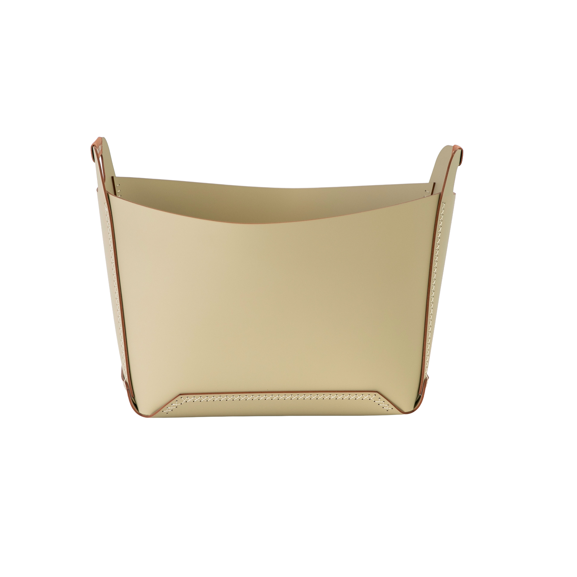 Cesta contenitore decorativa rettangolare in pelle rigenerata color sabbia con maniglie Cesta contenitore decorativa rettangolare in pelle rigenerata color sabbia con maniglie