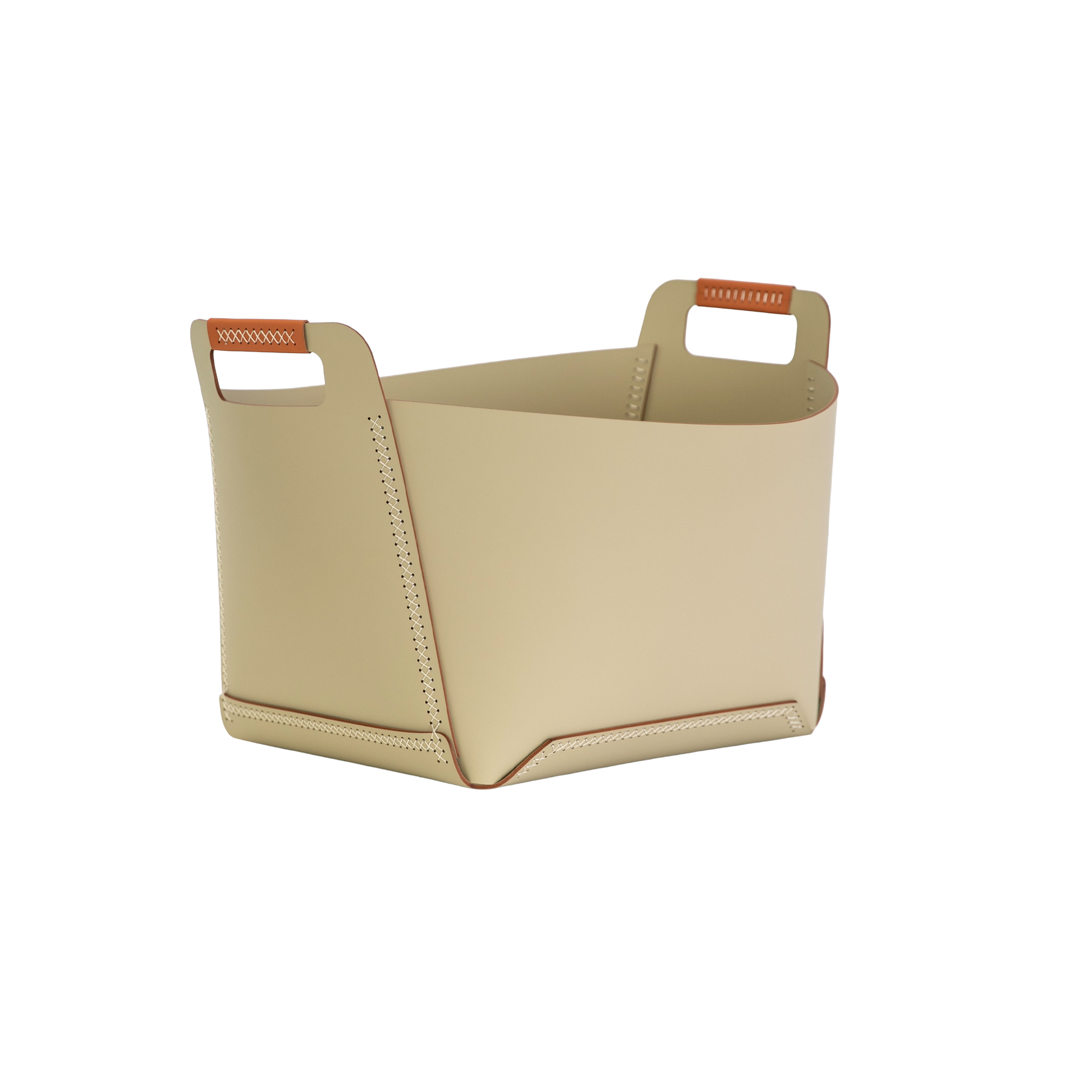 Cesta contenitore decorativa rettangolare in pelle rigenerata color sabbia con maniglie Cesta contenitore decorativa rettangolare in pelle rigenerata color sabbia con maniglie