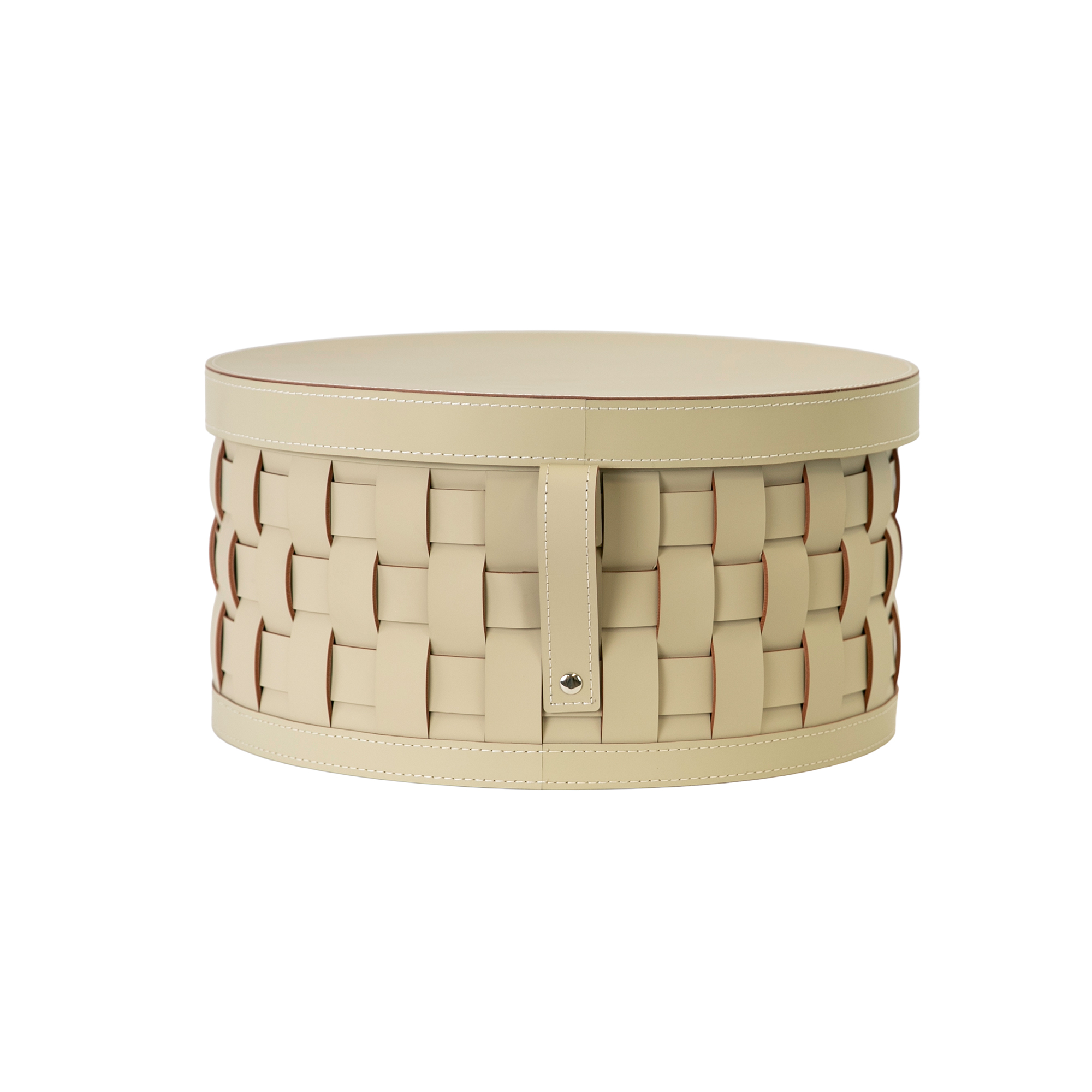 Cesto portaoggetti decorativo rotondo in pelle rigenerata color sabbia con coperchio Cesto portaoggetti decorativo rotondo in pelle rigenerata color sabbia con coperchio
