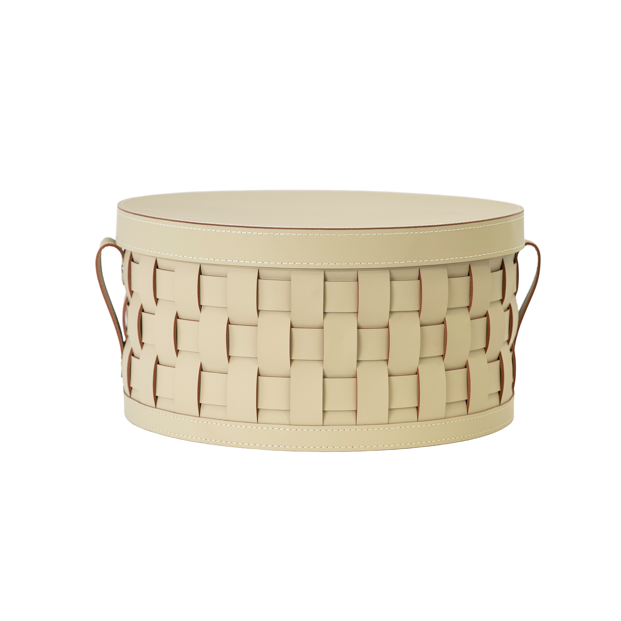 Cesto portaoggetti decorativo rotondo in pelle rigenerata color sabbia con coperchio Cesto portaoggetti decorativo rotondo in pelle rigenerata color sabbia con coperchio