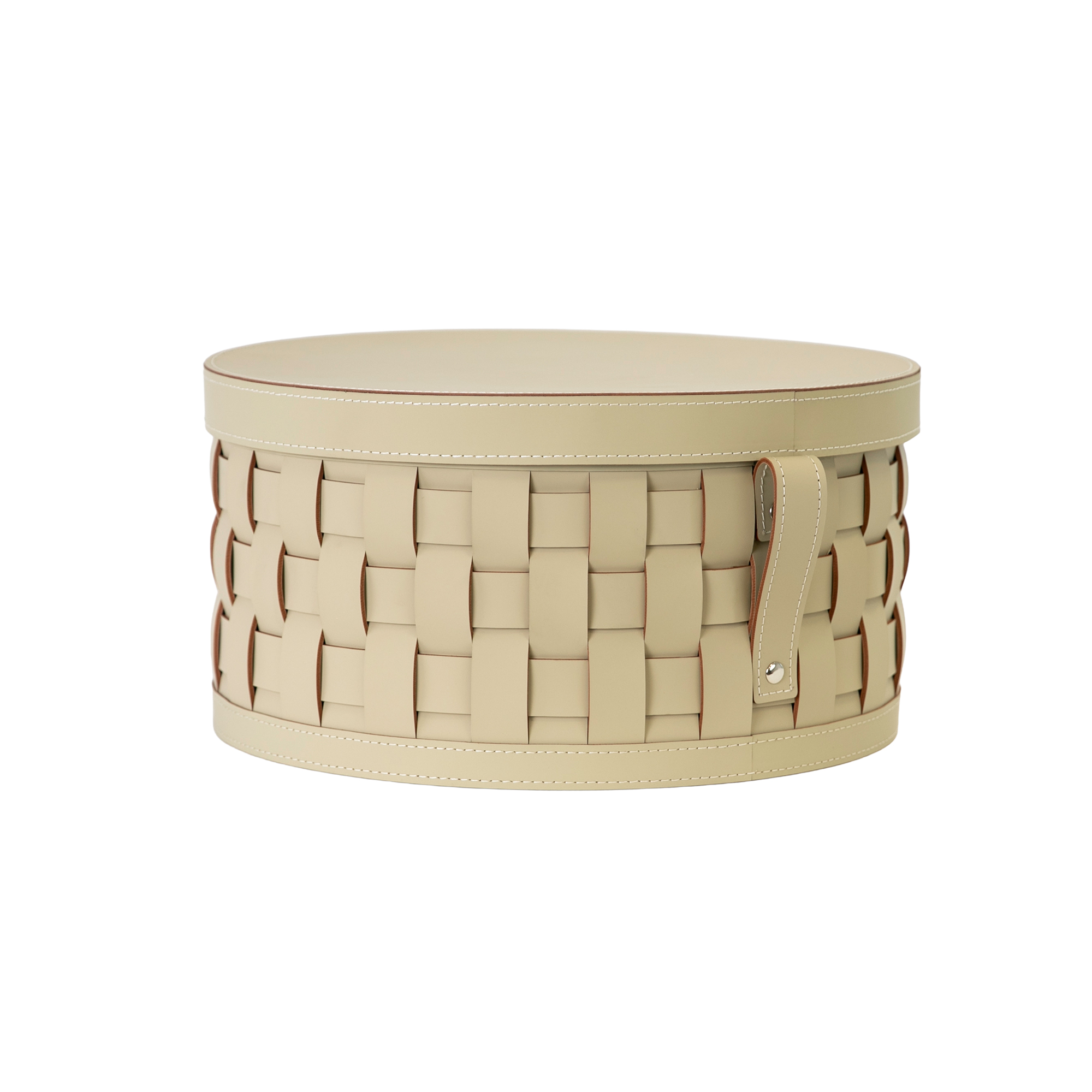 Cesto portaoggetti decorativo rotondo in pelle rigenerata color sabbia con coperchio Cesto portaoggetti decorativo rotondo in pelle rigenerata color sabbia con coperchio