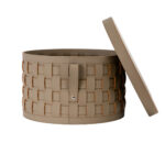 Cesto portaoggetti decorativo rotondo in pelle rigenerata color visone scuro con coperchio