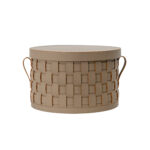 Cesto portaoggetti decorativo rotondo in pelle rigenerata color visone scuro con coperchio