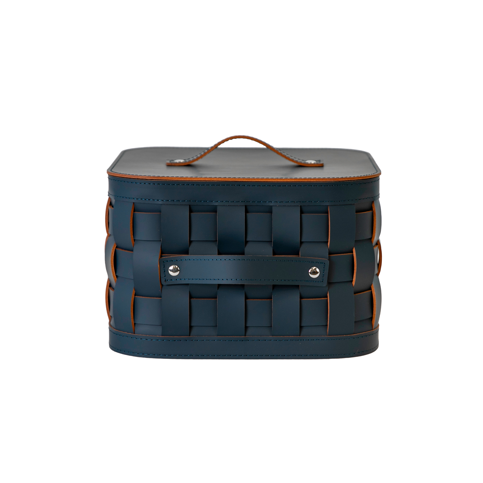 Cesto portaoggetti decorativo quadrato in pelle rigenerata blu scuro con coperchio Cesto portaoggetti decorativo quadrato in pelle rigenerata blu scuro con coperchio