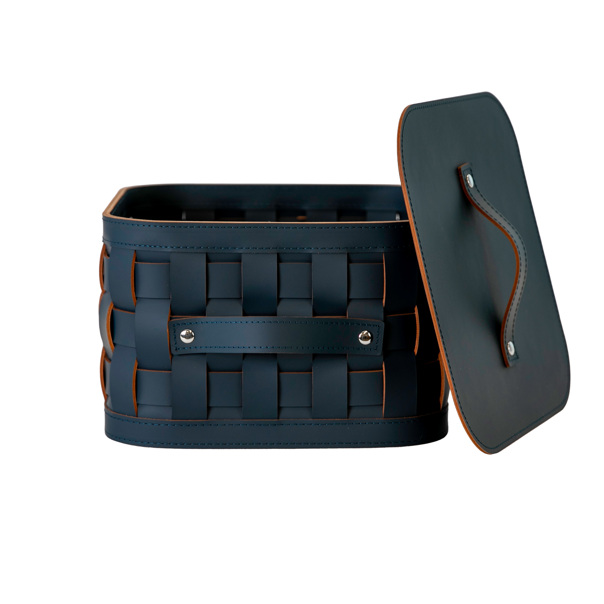 Cesto portaoggetti decorativo quadrato in pelle rigenerata blu scuro con coperchio Cesto portaoggetti decorativo quadrato in pelle rigenerata blu scuro con coperchio