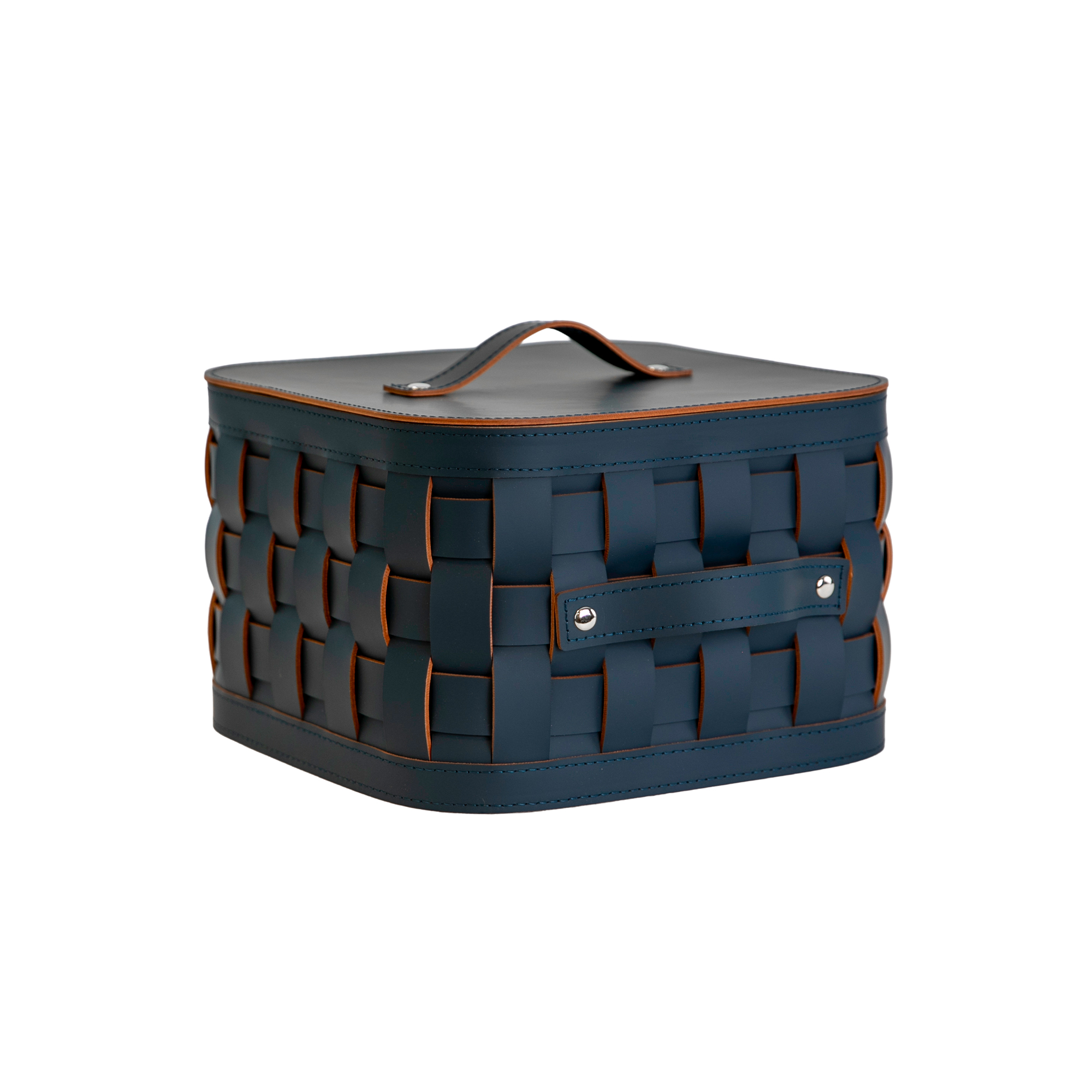 Cesto portaoggetti decorativo quadrato in pelle rigenerata blu scuro con coperchio Cesto portaoggetti decorativo quadrato in pelle rigenerata blu scuro con coperchio