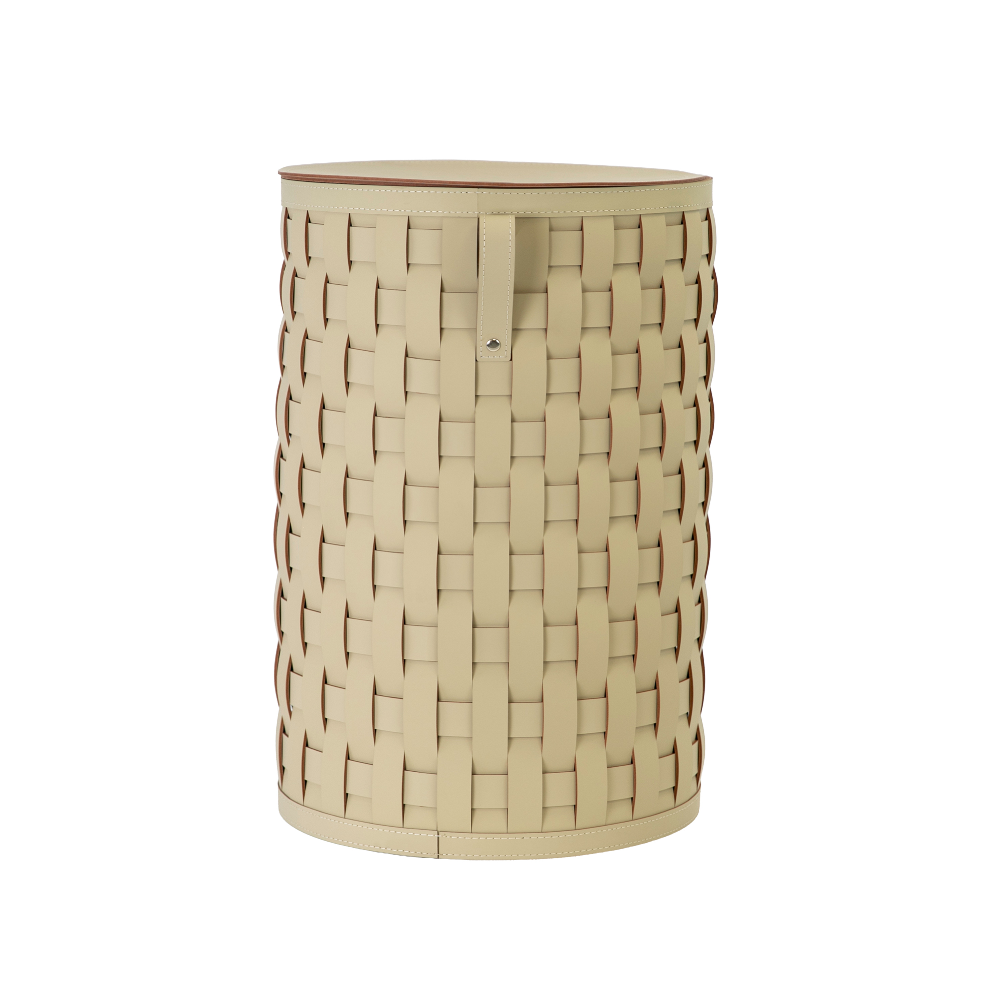 Cesto portaoggetti decorativo cilindrico in pelle rigenerata color sabbia con coperchio Cesto portaoggetti decorativo cilindrico in pelle rigenerata color sabbia con coperchio