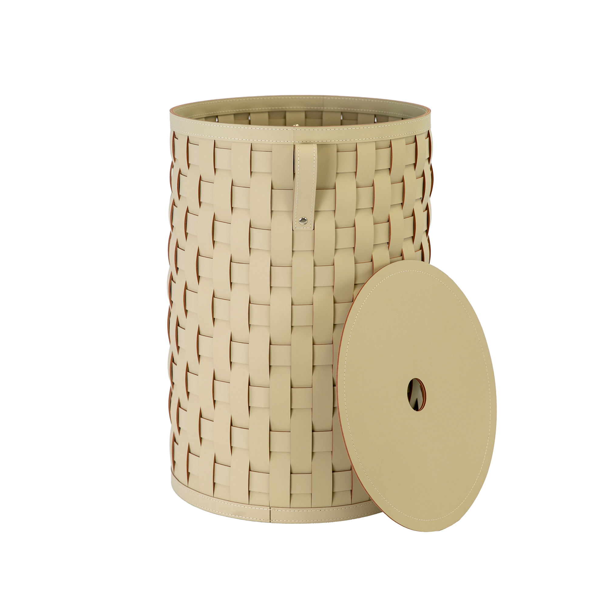 Cesto portaoggetti decorativo cilindrico in pelle rigenerata color sabbia con coperchio Cesto portaoggetti decorativo cilindrico in pelle rigenerata color sabbia con coperchio