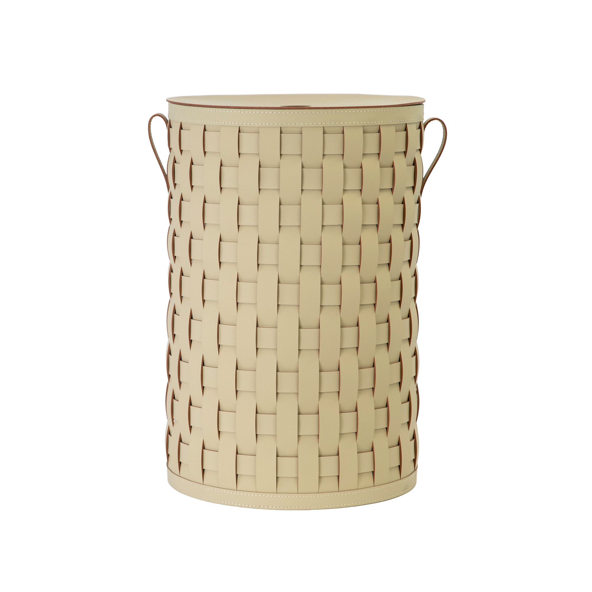 Cesto portaoggetti decorativo cilindrico in pelle rigenerata color sabbia con coperchio Cesto portaoggetti decorativo cilindrico in pelle rigenerata color sabbia con coperchio