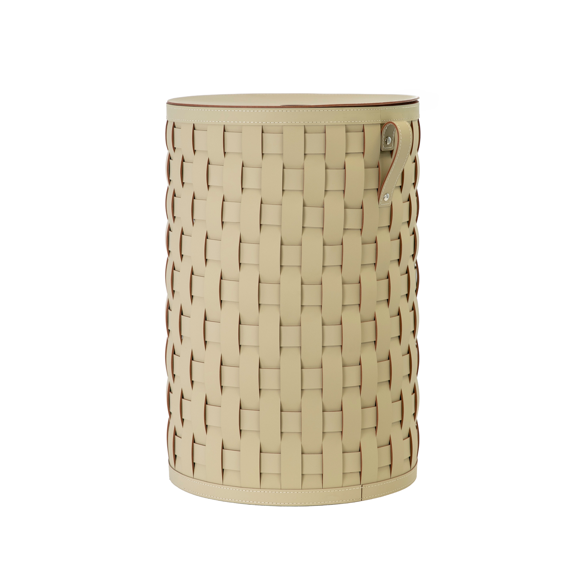 Cesto portaoggetti decorativo cilindrico in pelle rigenerata color sabbia con coperchio Cesto portaoggetti decorativo cilindrico in pelle rigenerata color sabbia con coperchio