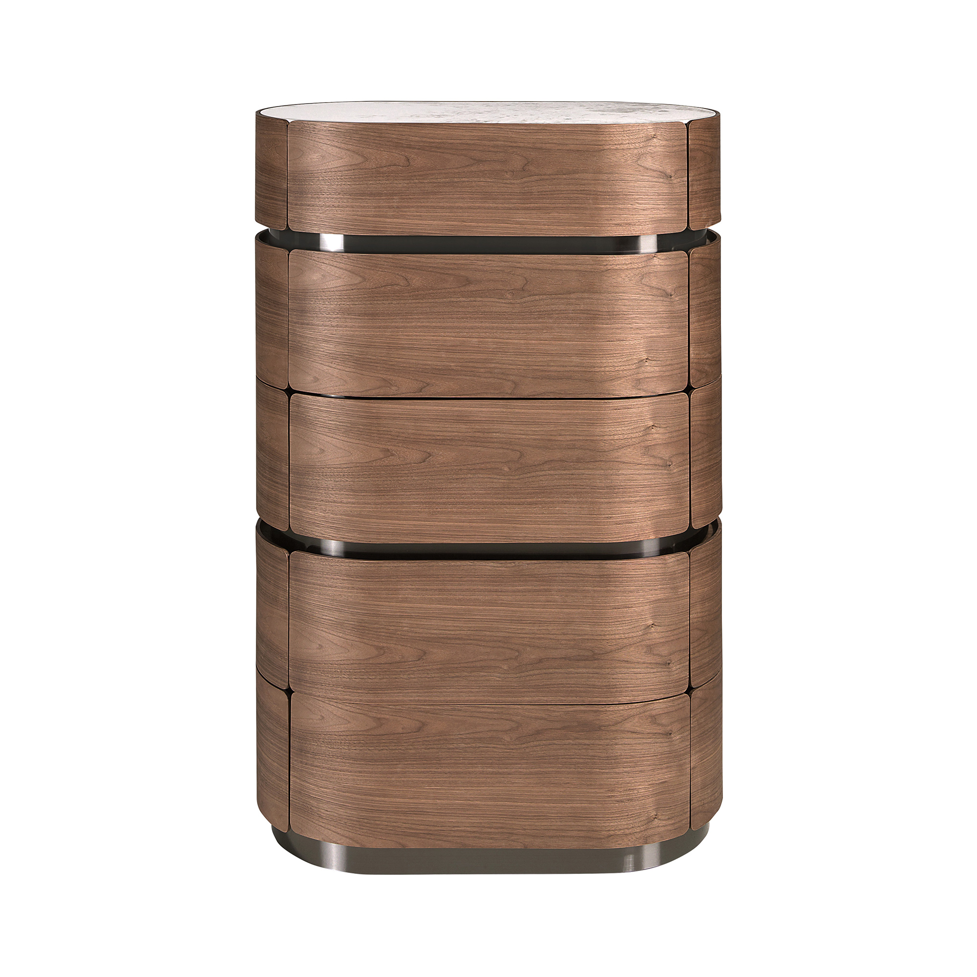 Chiffonnier en noyer avec base en acier foncé et plateau en marbre céramique Chiffonnier en noyer avec base en acier foncé et plateau en marbre céramique