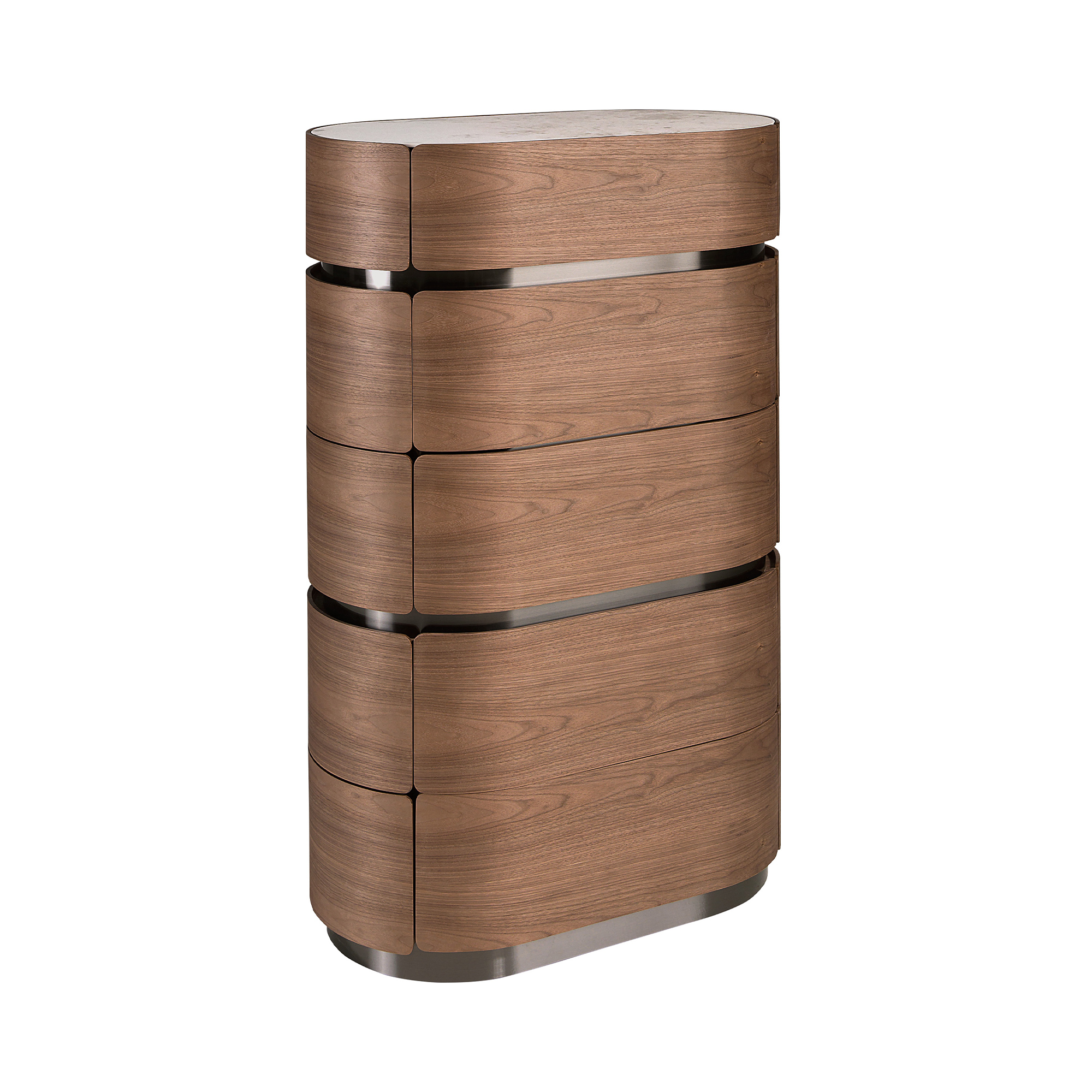 Chiffonnier en noyer avec base en acier foncé et plateau en marbre céramique Chiffonnier en noyer avec base en acier foncé et plateau en marbre céramique
