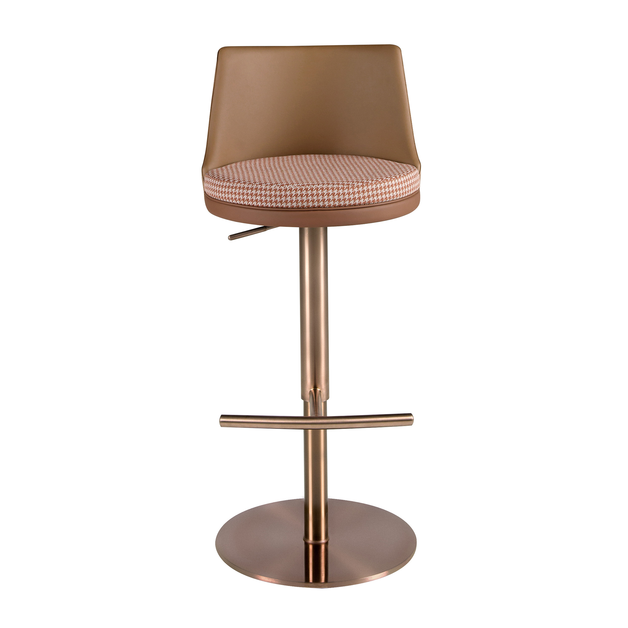 Sgabello girevole in tessuto marrone terracotta e beige e similpelle marrone Sgabello girevole in tessuto marrone terracotta e beige e similpelle marrone