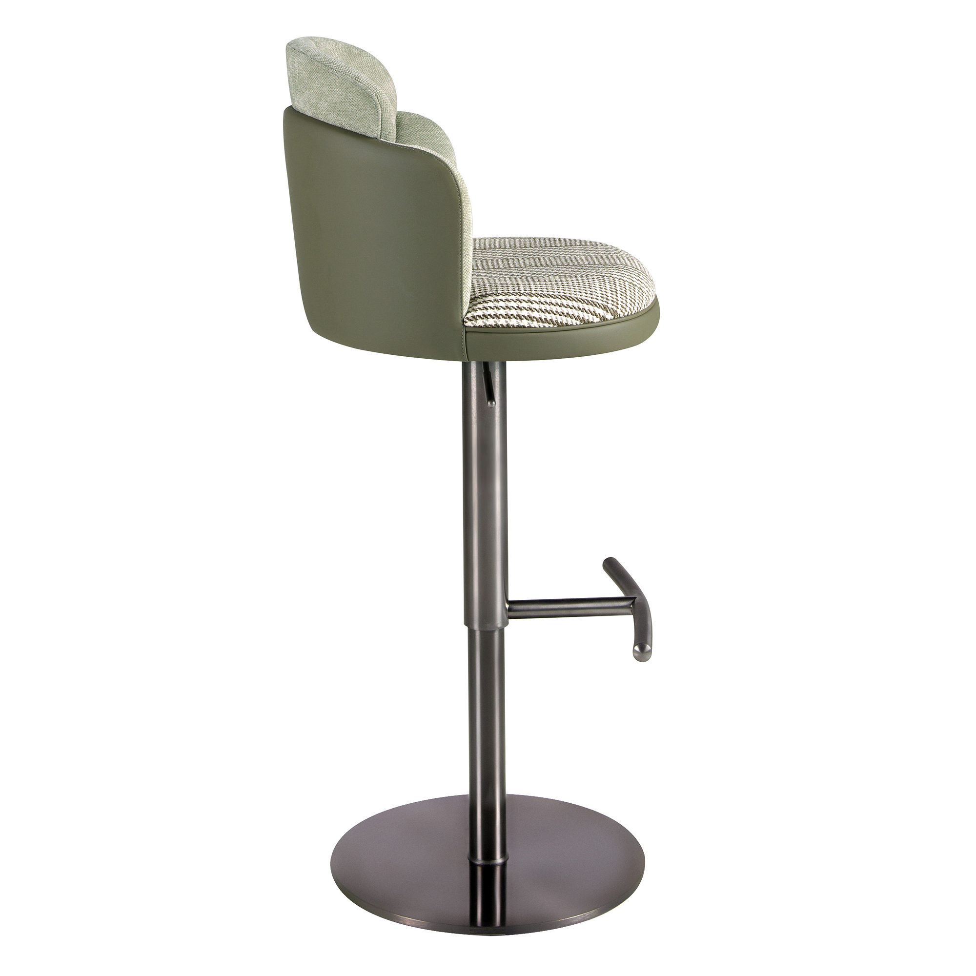 Sgabello girevole in tessuto verde scuro e bianco e similpelle verde oliva Sgabello girevole in tessuto verde scuro e bianco e similpelle verde oliva