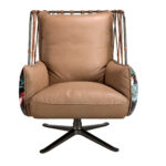 Brown leather and fabric swivel armchair with brown print