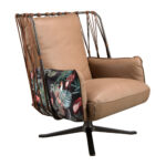 Brown leather and fabric swivel armchair with brown print