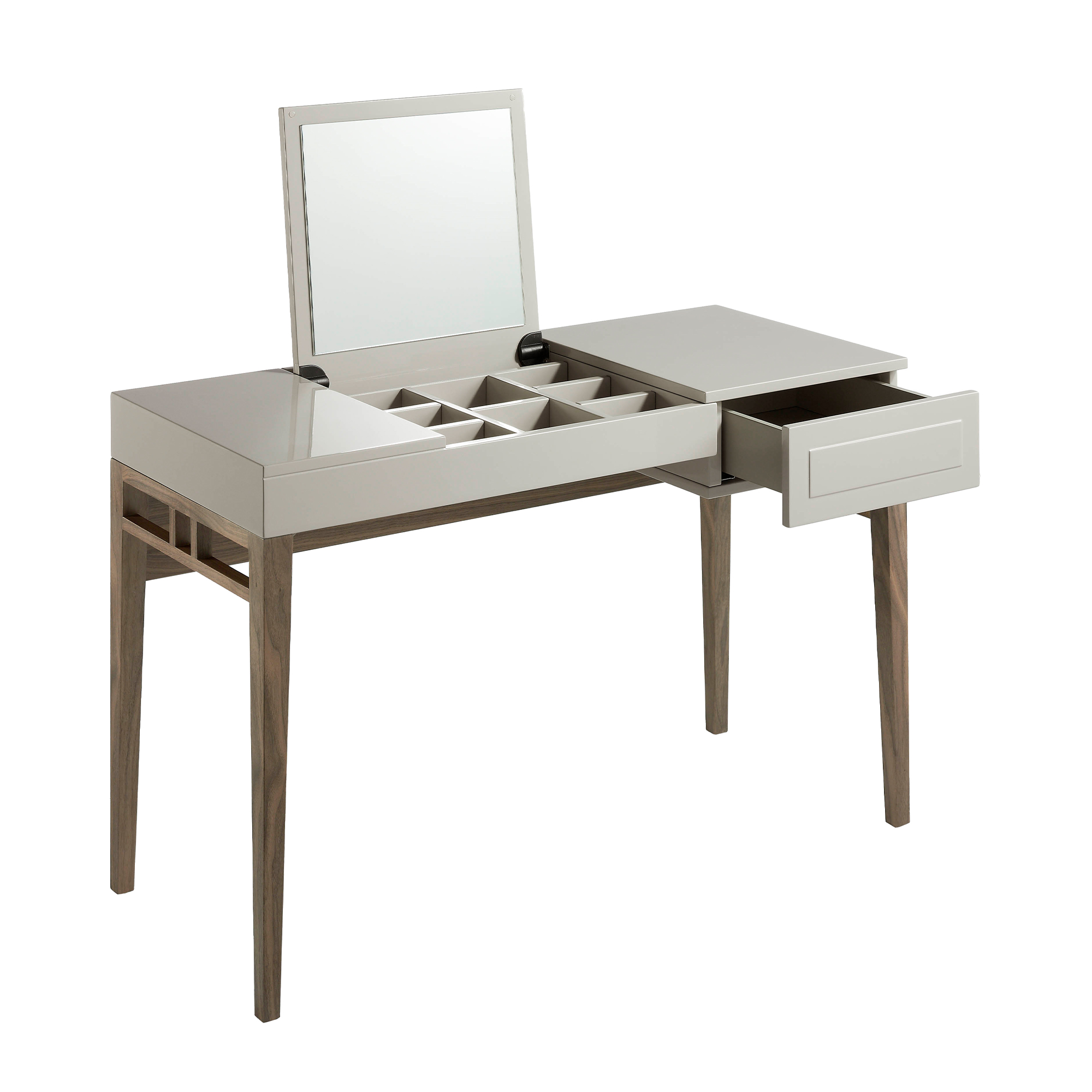 Coiffeuse Foggy en bois avec miroir rabattable et boîte à bijoux