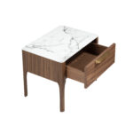 Walnut bedside table with imitation marble glass top and interior lighting