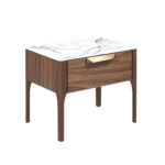 Walnut bedside table with imitation marble glass top and interior lighting
