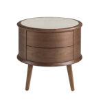 Table de chevet en noyer avec plateau en cuir couleur crème
