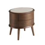 Table de chevet en noyer avec plateau en cuir couleur crème