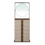 Chiffonier en cuir, noyer, acier gris et plateau en verre fumé brun avec miroir