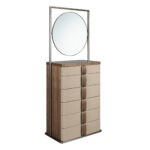 Chiffonier en cuir, noyer, acier gris et plateau en verre fumé brun avec miroir