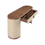 Escritorio tocador polipiel, nogal y madera tapizada en polipiel visón