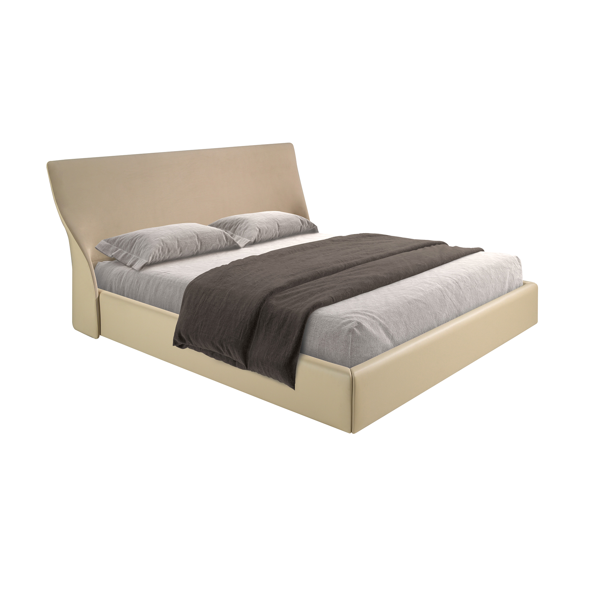 Bett aus braunem Samt und Kunstleder in Cremefarbe Bett aus braunem Samt und Kunstleder in Cremefarbe
