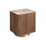 Table de chevet en noyer, acier poli doré et plateau en marbre céramique