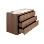 Commode en noyer, acier poli doré et plateau en marbre céramique