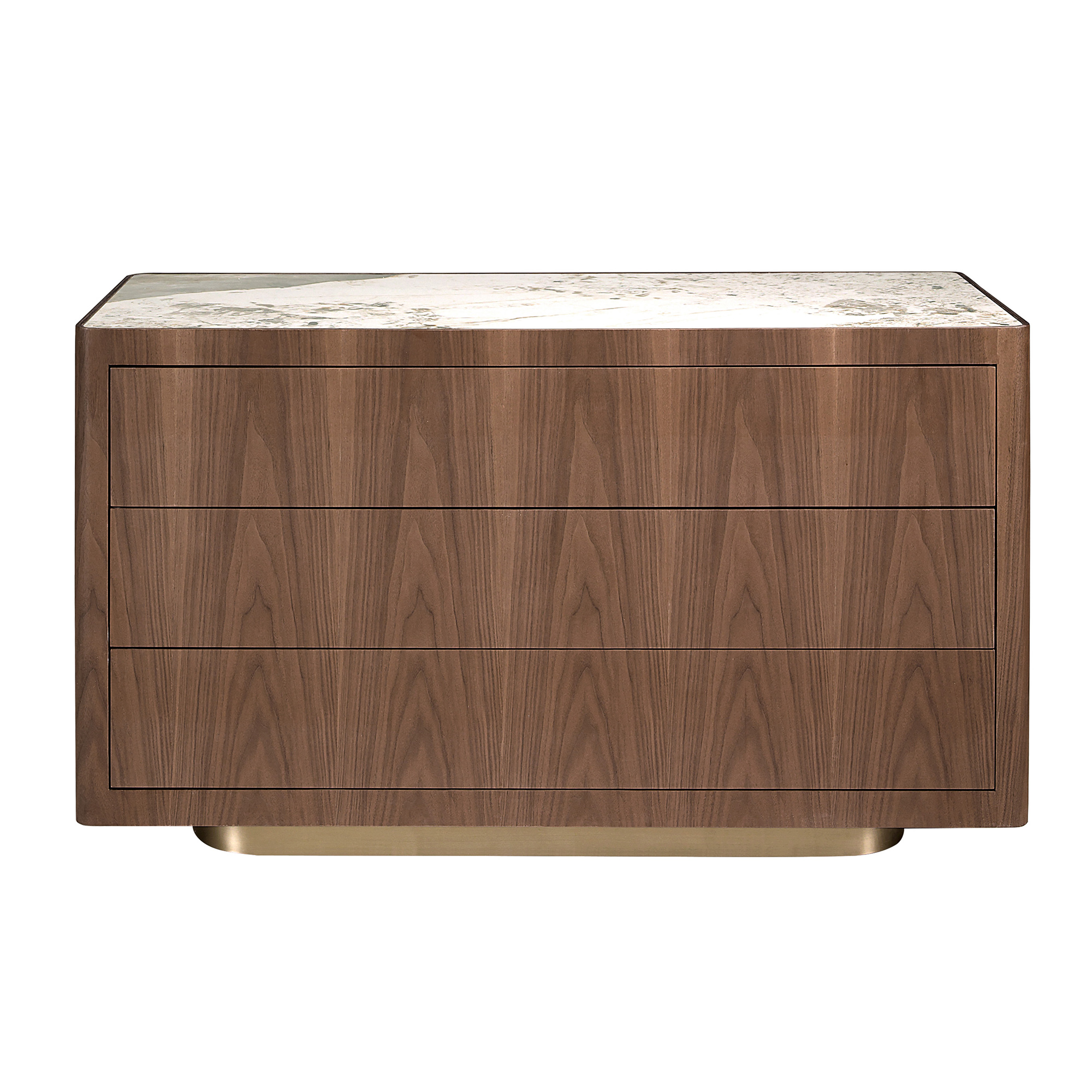 Commode en noyer, acier poli doré et plateau en marbre céramique Commode en noyer, acier poli doré et plateau en marbre céramique