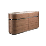 Commode en noyer, base en acier foncé et plateau en marbre céramique