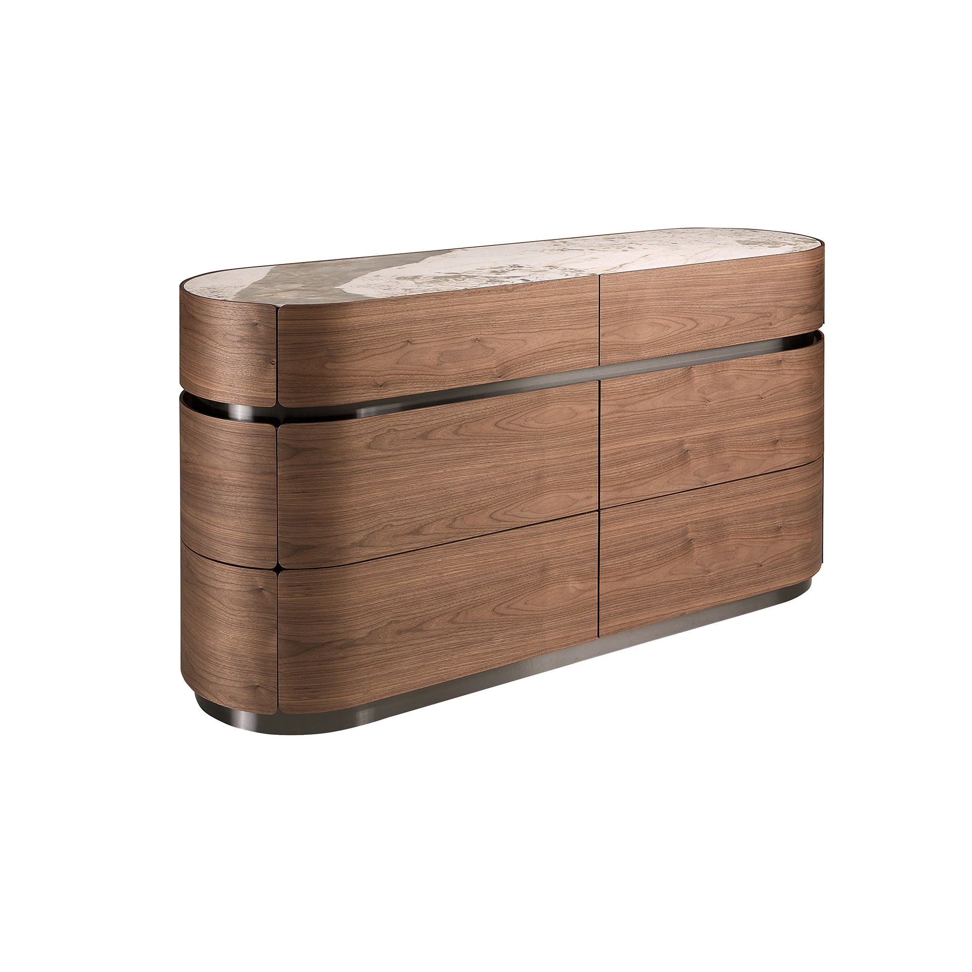 Commode en noyer, base en acier foncé et plateau en marbre céramique Commode en noyer, base en acier foncé et plateau en marbre céramique