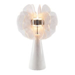 Chromed table lamp with decorative shade in translucent PVC sheets and porcelain marble base