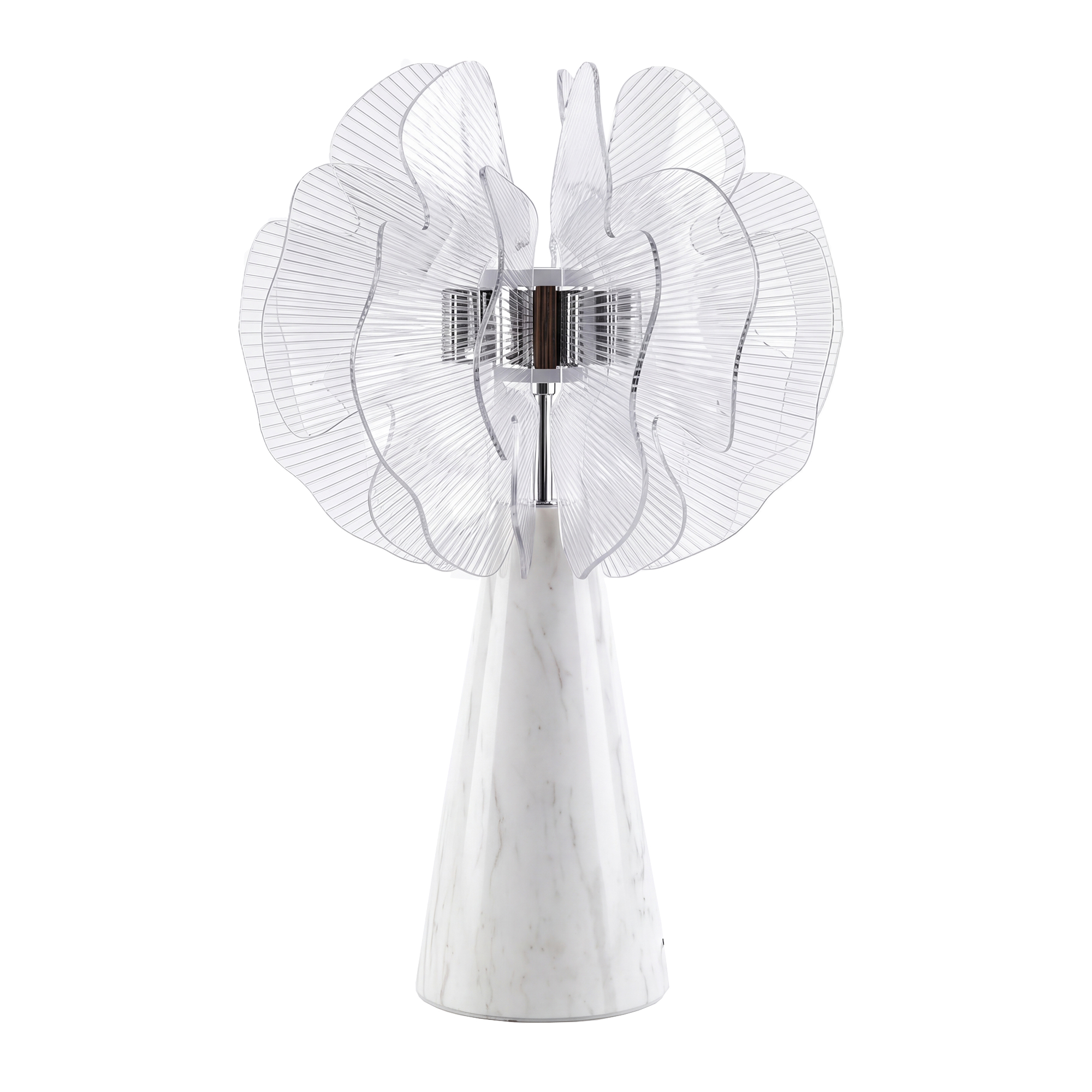 Chromed table lamp with decorative shade in translucent PVC sheets and porcelain marble base Chromed table lamp with decorative shade in translucent PVC sheets and porcelain marble base