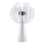Chromed table lamp with decorative shade in translucent PVC sheets and porcelain marble base