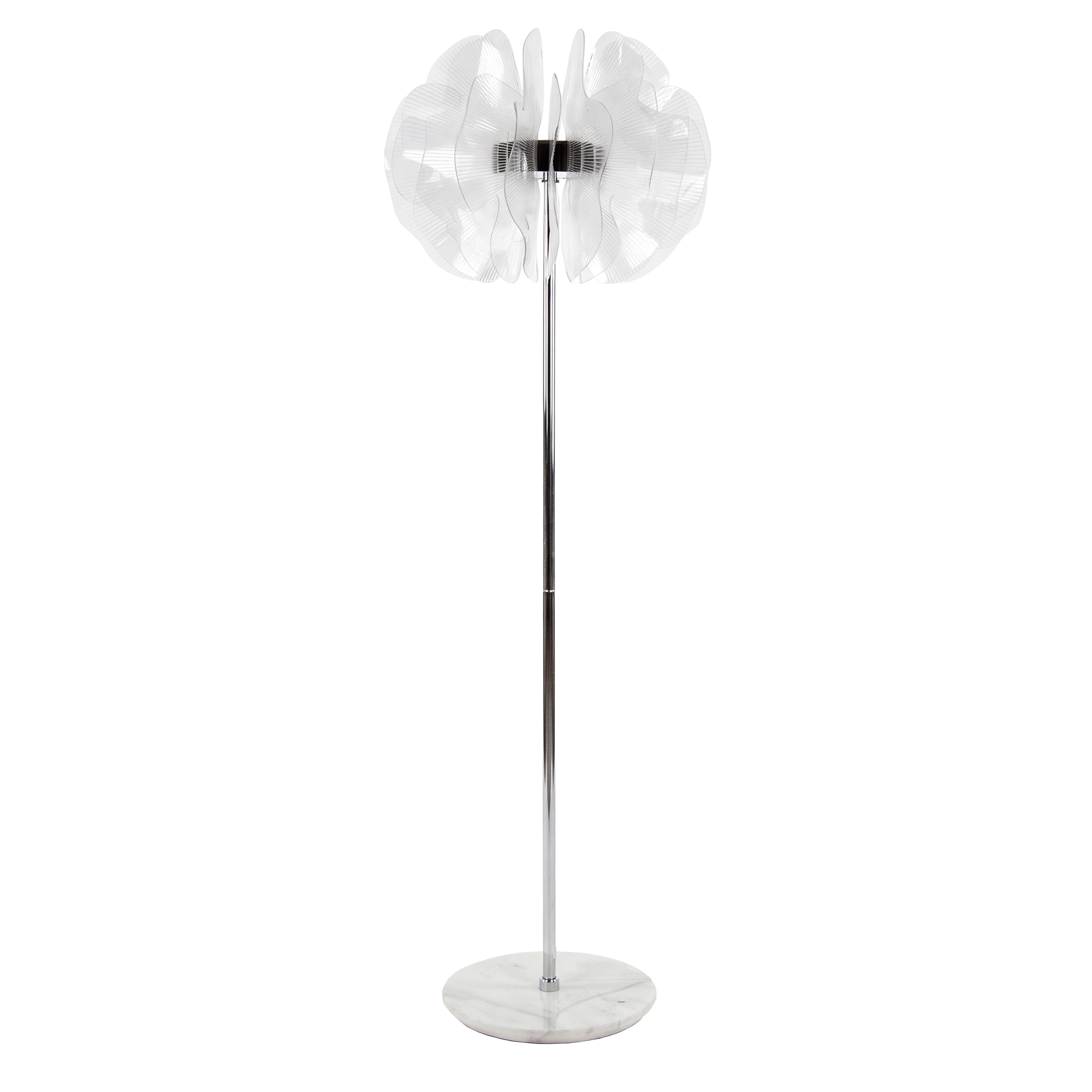 Chromed floor lamp with decorative shade in translucent PVC sheets and porcelain marble base Chromed floor lamp with decorative shade in translucent PVC sheets and porcelain marble base