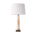 Table lamp with white shade and burl wood veneer body