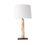 Table lamp with white shade and burl wood veneer body