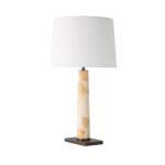 Table lamp with white shade and burl wood veneer body