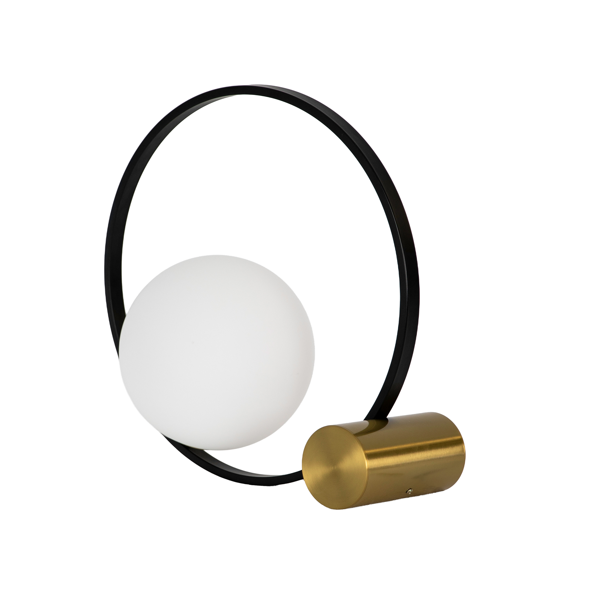 Lámpara sobremesa cristal blanco y acero negro con base de acero pulido dorado Lámpara sobremesa cristal blanco y acero negro con base de acero pulido dorado