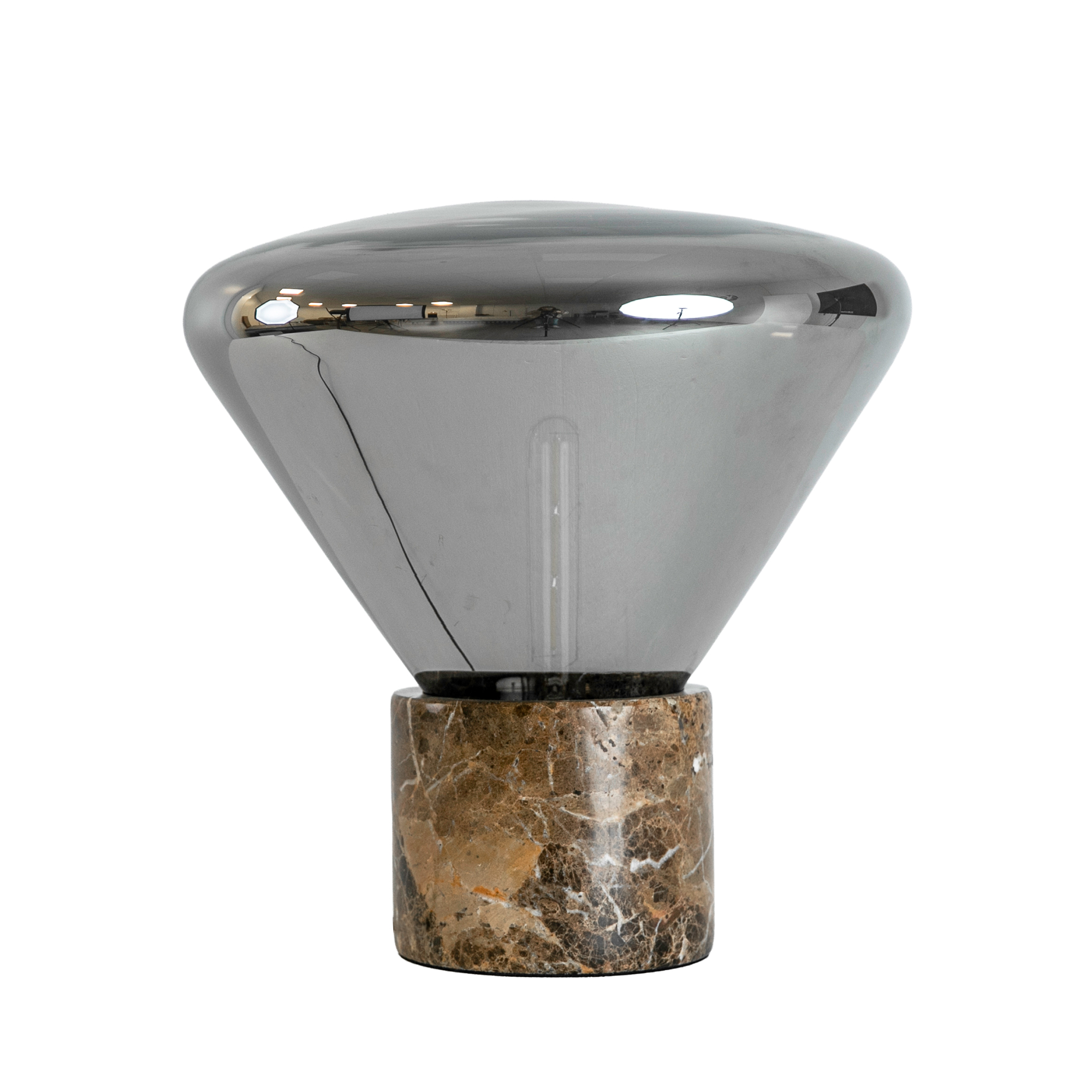 Lámpara sobremesa cristal efecto espejo fumé gris y mármol porcelánico Lámpara sobremesa cristal efecto espejo fumé gris y mármol porcelánico