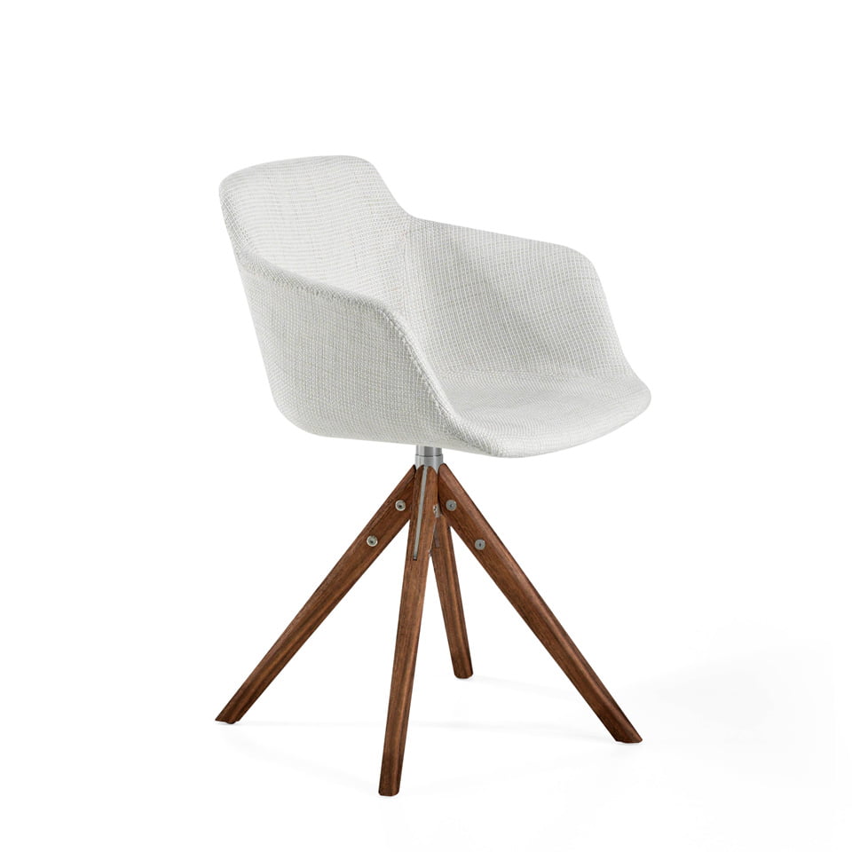 Swivel chair upholstered in fabric with solid wood legs in Walnut color