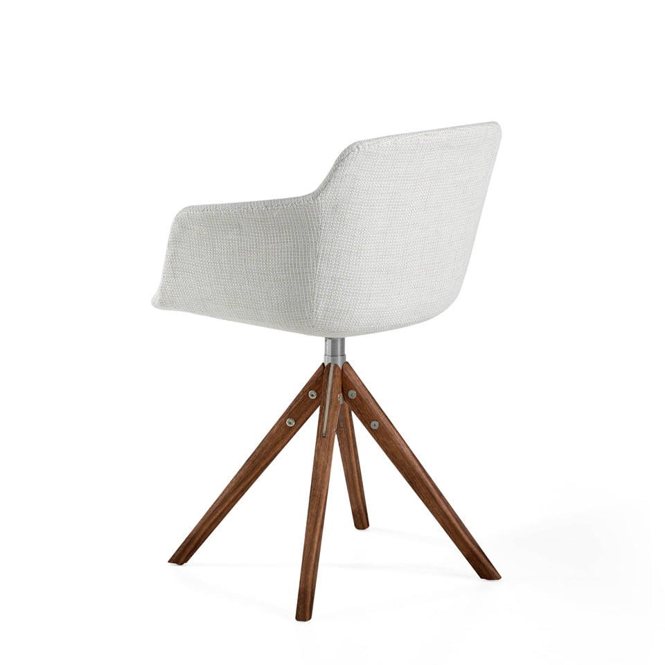 Swivel chair upholstered in fabric with solid wood legs in Walnut color