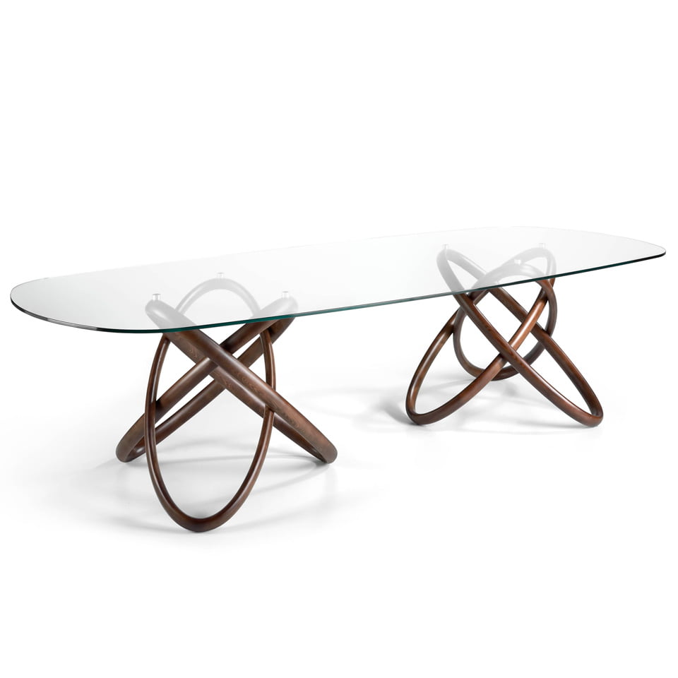 Glass dining table with double base in solid walnut wood Glass dining table with double base in solid walnut wood
